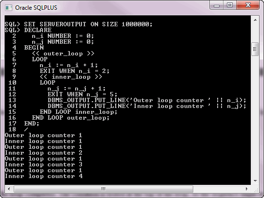 PL/SQL Loop Label Example Output SQL*PLUS